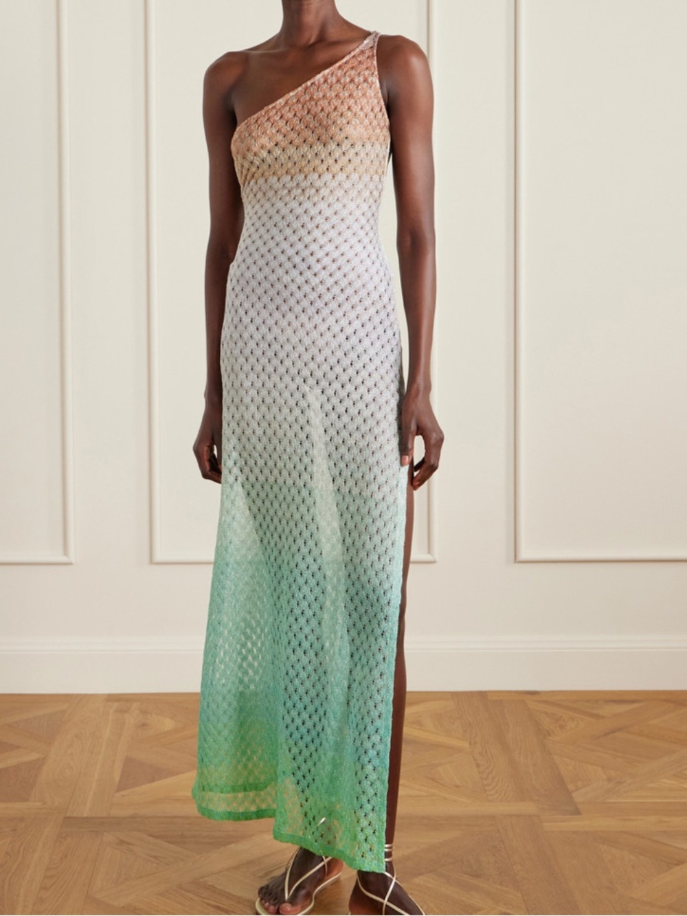 Missoni one shoulder metallic crochet cover up dress